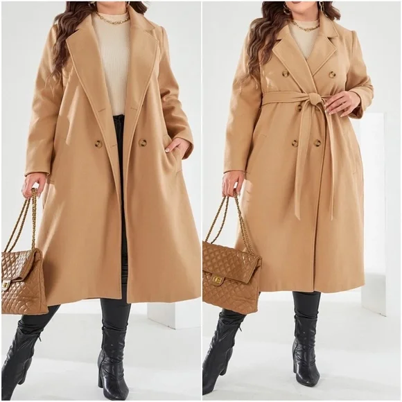 Plus Double Breasted Button up Belted Jacket Coat - Picture 7 of 9